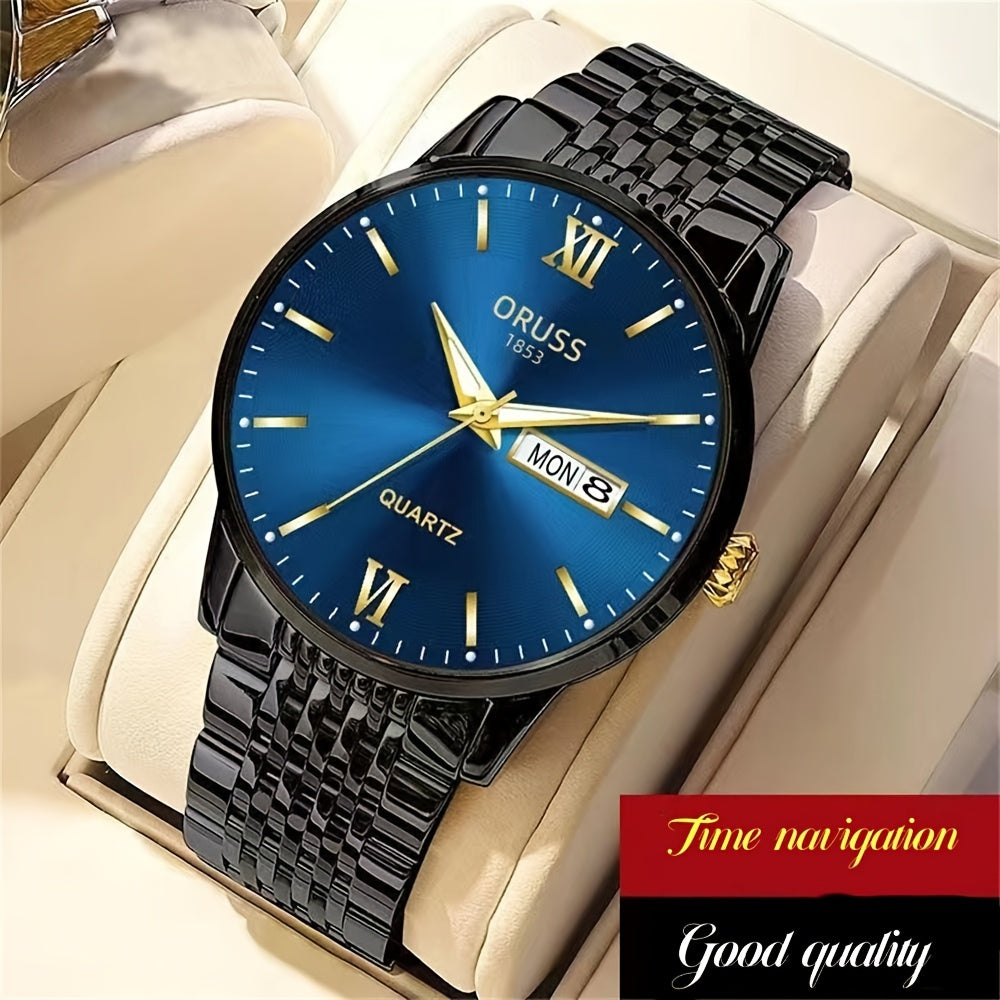 High-quality waterproof men's watch with glow-in-the-dark features and a calendar, perfect for the modern man looking to stay on trend in 2022. This steel watch is a stylish and practical gift option.