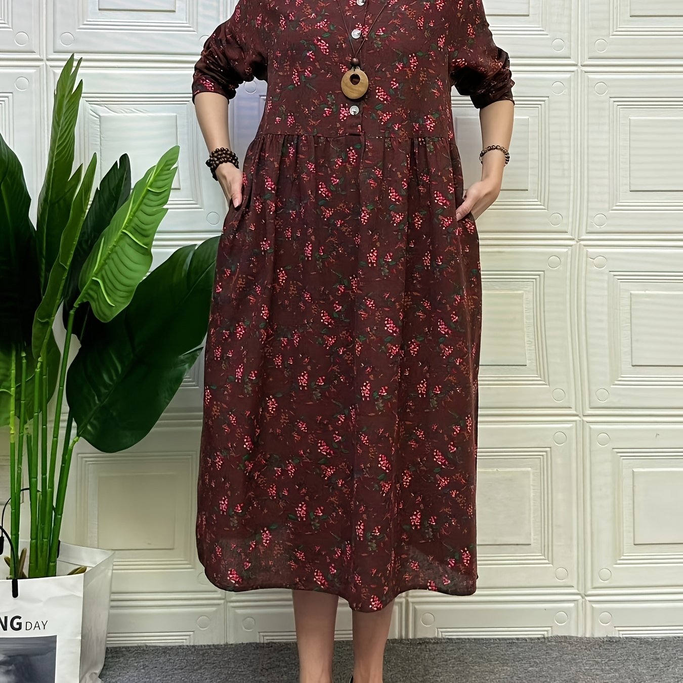 Spring and Summer Retro Ethnic Style Linen Shirt Collar Dress with Small Floral Blouse