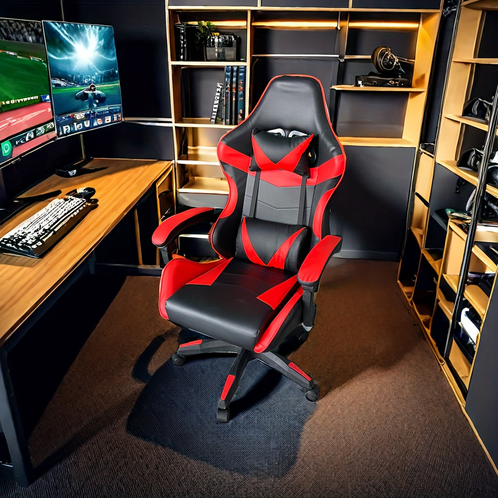 Ergonomic gaming chair with headrest and lumbar support, adjustable height and back tilt, 360° swivel, iron frame and sponge filling, plastic material with casters, handle-operated