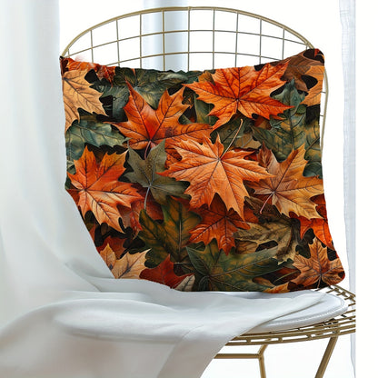 Autumn-themed pillow cover with pumpkin, sunflower, and maple leaf design. Single-sided print, zip closure, hand washable polyester, suitable for sofa and bedroom decor.