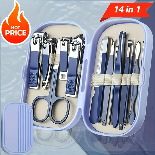 Modern 14pcs stainless steel nail and foot care tools set in portable storage box. Includes nail clippers and shaping tools. Unisex, fragrance-free, lightweight. No electricity or batteries