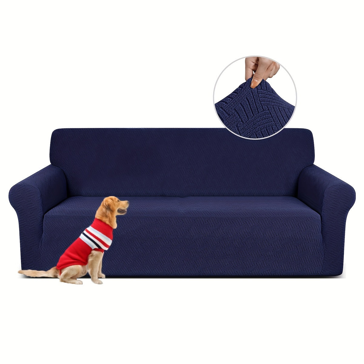 Pet-friendly sofa cover in gray striped jacquard fleece with elastic band, non-slip bottom, and all-season dust protection. Stylish and snug fit for living room furniture.