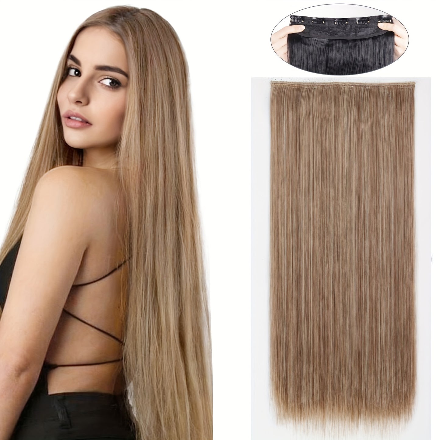 Elegant natural looking synthetic clip-in hair extensions for daily use, 32 inch long straight pieces with 5 clips.