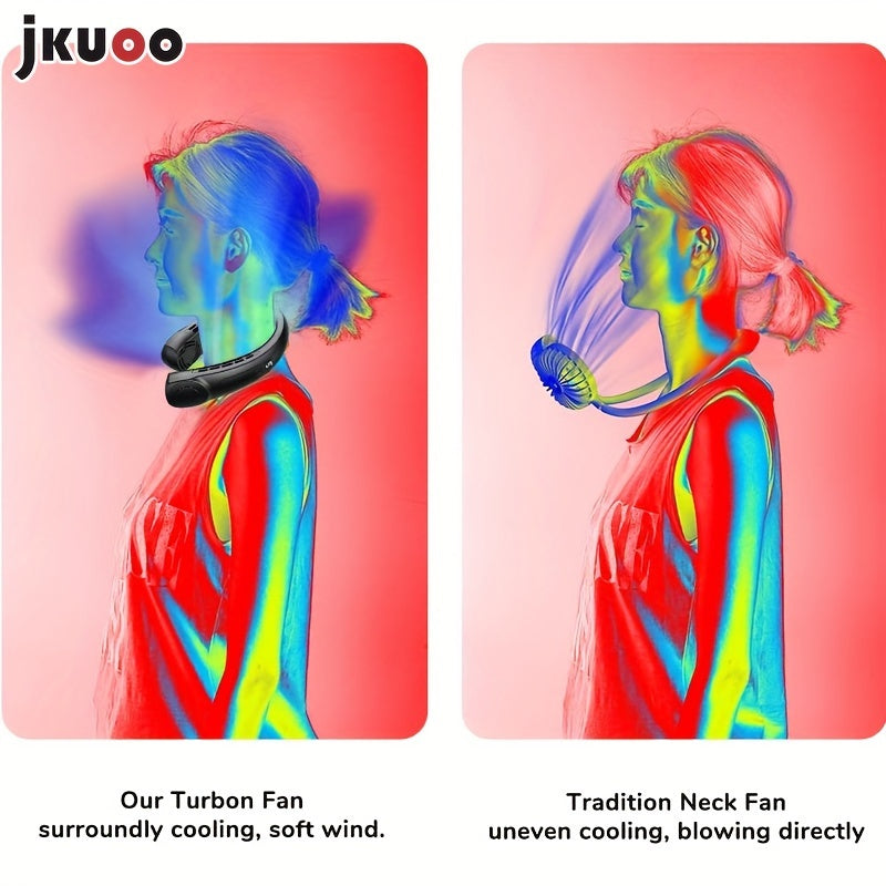 Stay cool on-the-go with the JKUOO Portable Neck Fan! This mini fan features a noise reduction system and is USB rechargeable for convenient use. The hands-free design allows for personal cooling with button control. Made of durable plastic material