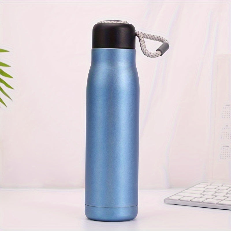 Personalized thermos bottle with laser-engraved text on stainless steel featuring rope design.