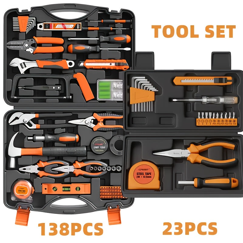 23pcs/138pcs Household Tool Set for DIY Home Repair, Hand-Powered with Screwdrivers, Wrenches, Storage Case; Metal & Plastic, No Battery Needed