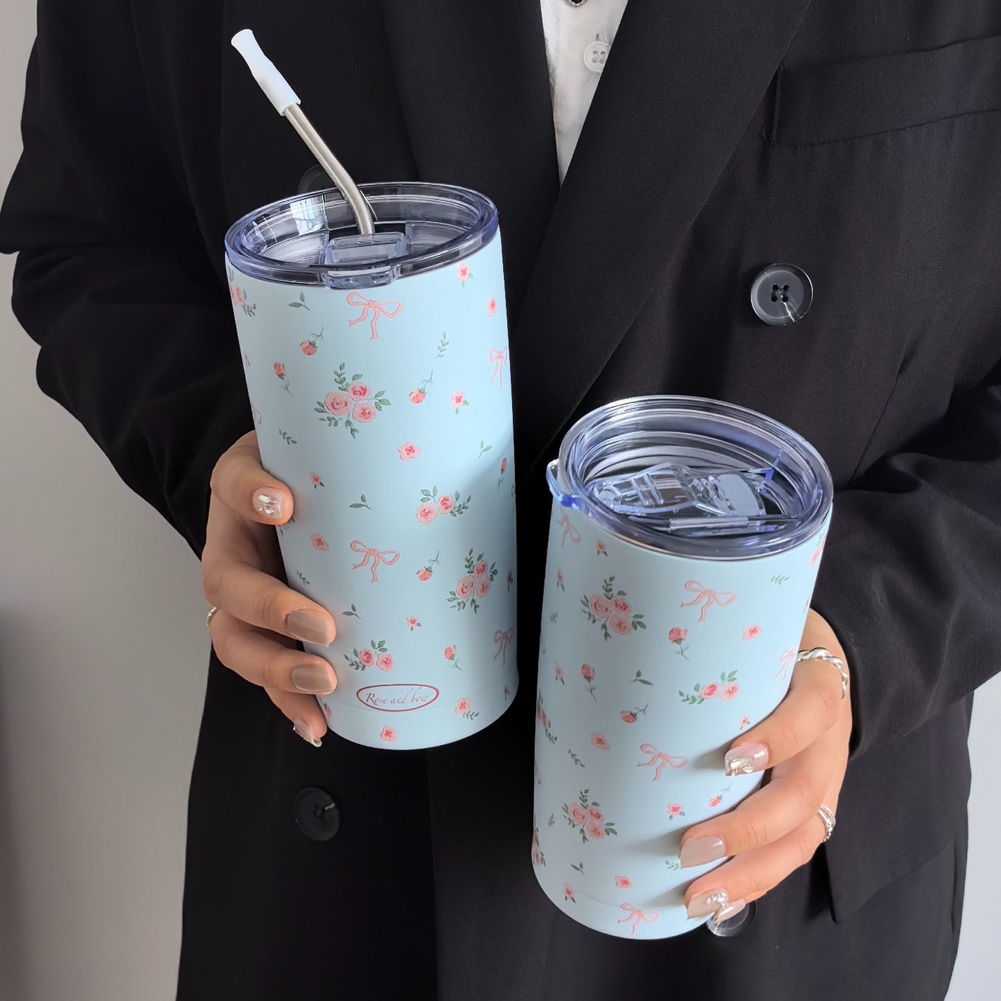 Stainless Steel Insulated Mug with Rose Floral Butterfly Knot Design, Double-Wall Travel Tumbler for Hot and Cold Beverages, Perfect for Fitness & Outdoor Sports. Great for Coffee on the go, Ideal for Graduation, Birthday & Holiday Gifts. Reusable and