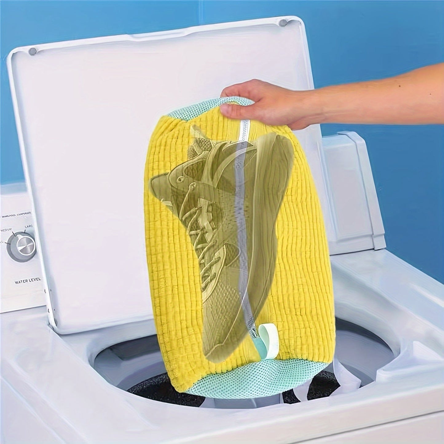 One durable and reusable zippered plush laundry bag designed for washing shoes in the washing machine. Suitable for shoes, sneakers, trainers, tennis shoes, and slippers.