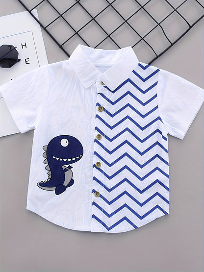 Boys' Dinosaur Cartoon Shirt & Shorts Set in soft cotton blend with white short-sleeve top and blue chevron pattern. Includes dark blue denim shorts for a casual summer outfit. Ideal for