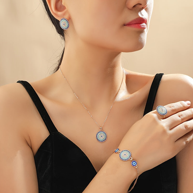 Chic 5-piece Devil's Eye Jewelry Set featuring a timeless blue eye necklace and earrings, with a stylish Middle Eastern-inspired design, perfect for women.