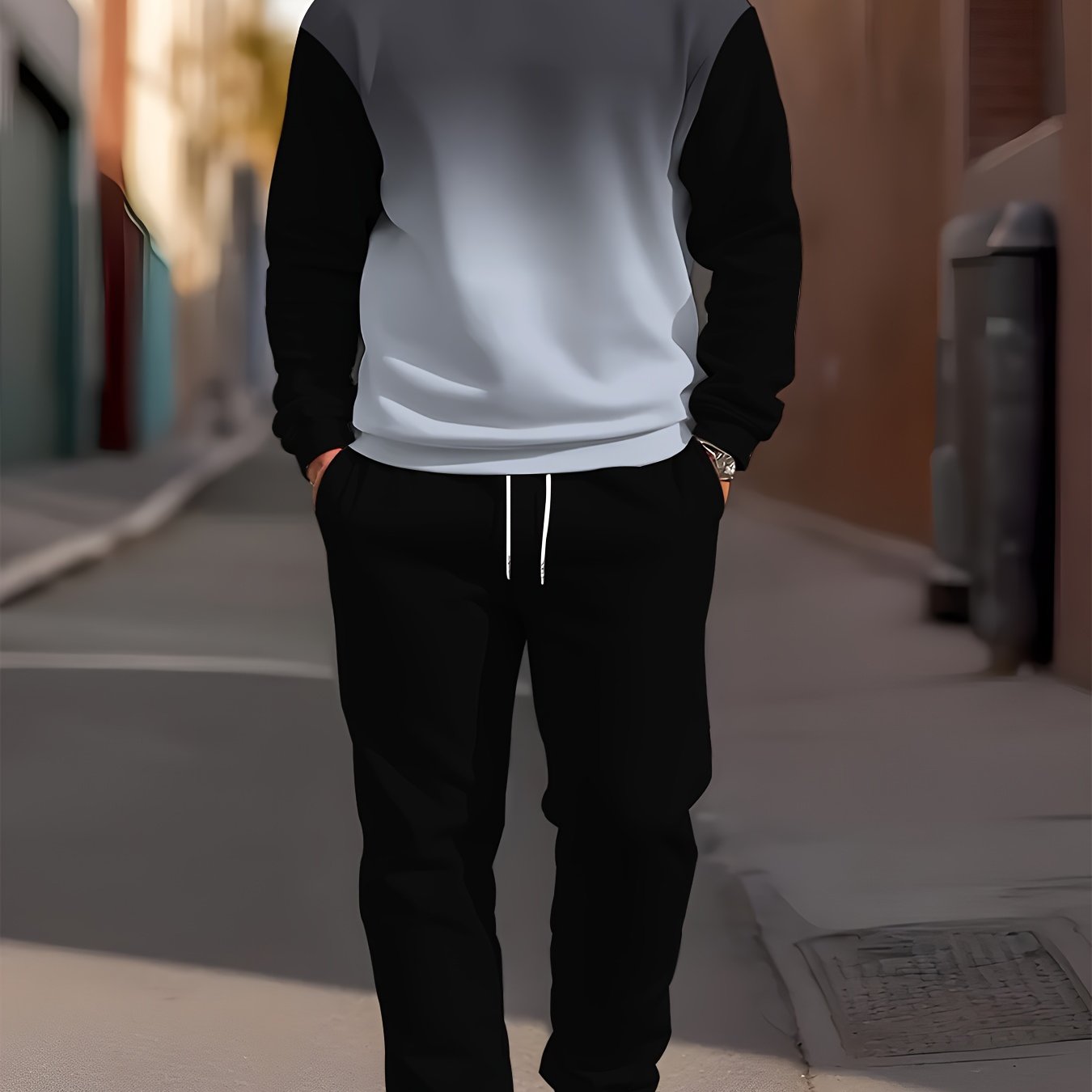 Men's Gradient Color Blocking Long Sleeve Sweatshirt + Sweatpants Set, Casual Sports Gift