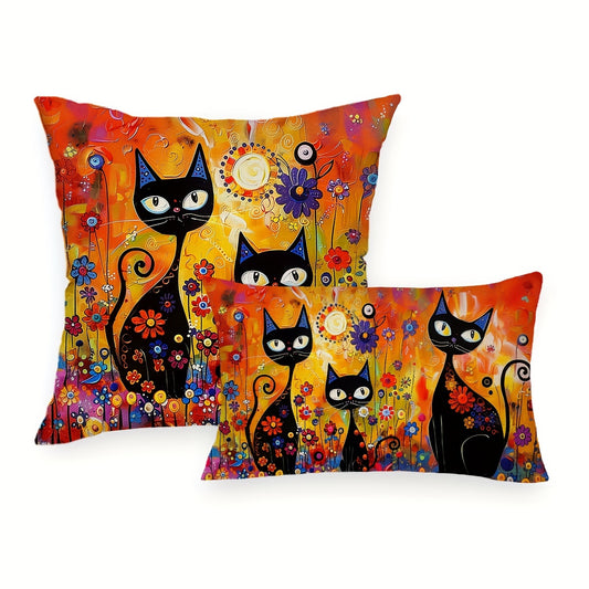 Folk art style black cat throw pillow cover with sun and flowers design. Made of 100% polyester, hand wash only. Features zipper closure, suitable for couch, sofa, living room, bedroom. Available in two sizes: 29.97cm X 50.04cm and 44.96cm X 44.96cm.