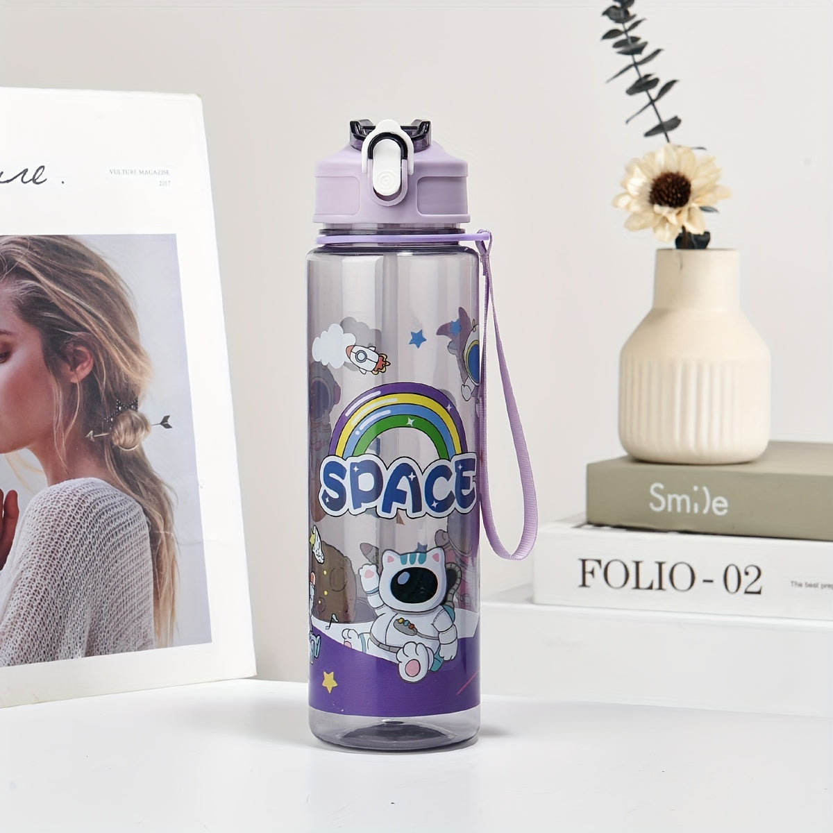 Space-themed astronaut water bottle with straw, lightweight, PVC-free, ideal for outdoor activities and back-to-school gift.