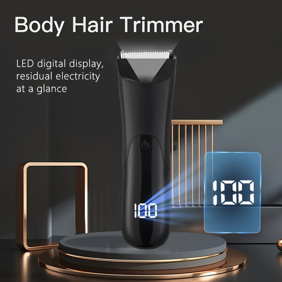 Electric ball trimmer with ceramic blade head, 2 guard attachments, wet/dry shaver, USB rechargeable with 500mAh lithium battery.