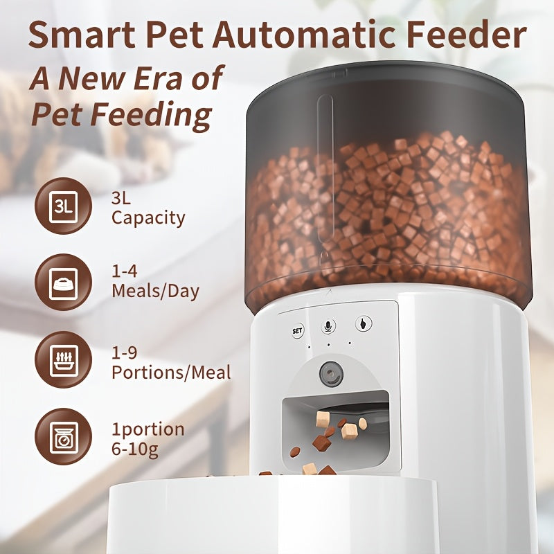 Automatic cat feeder with timed and quantitative feeding, large grain storage capacity, video and voice interactive features, three versions available, keeps food dry.