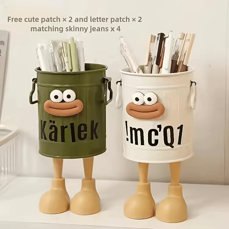 2-in-1 Cute Cartoon Character Desk Organizer with DIY letter stickers, sausage mouth & toe shoes design - Green, office accessory for women.