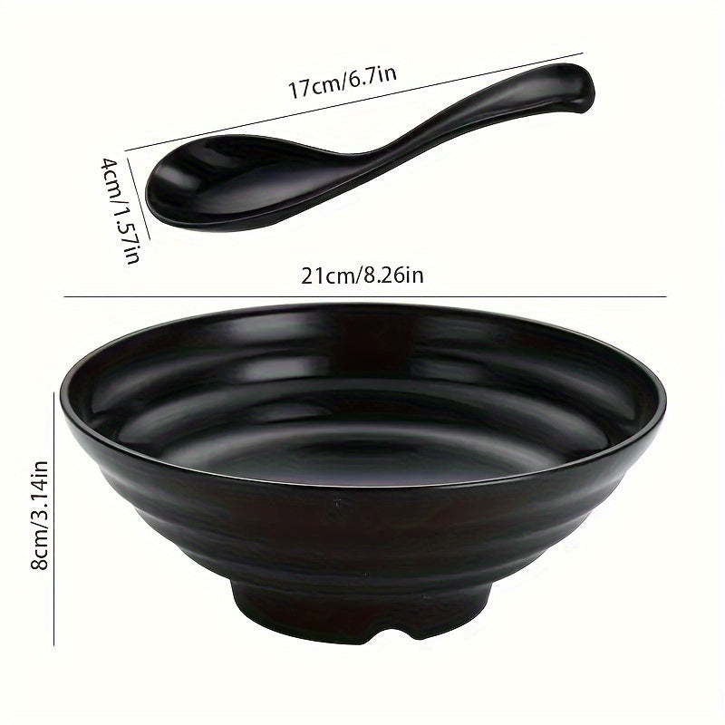 Large ramen bowl with spoon, Japanese-style, BPA-free, microwave and dishwasher safe. Perfect for home, kitchen, restaurants.