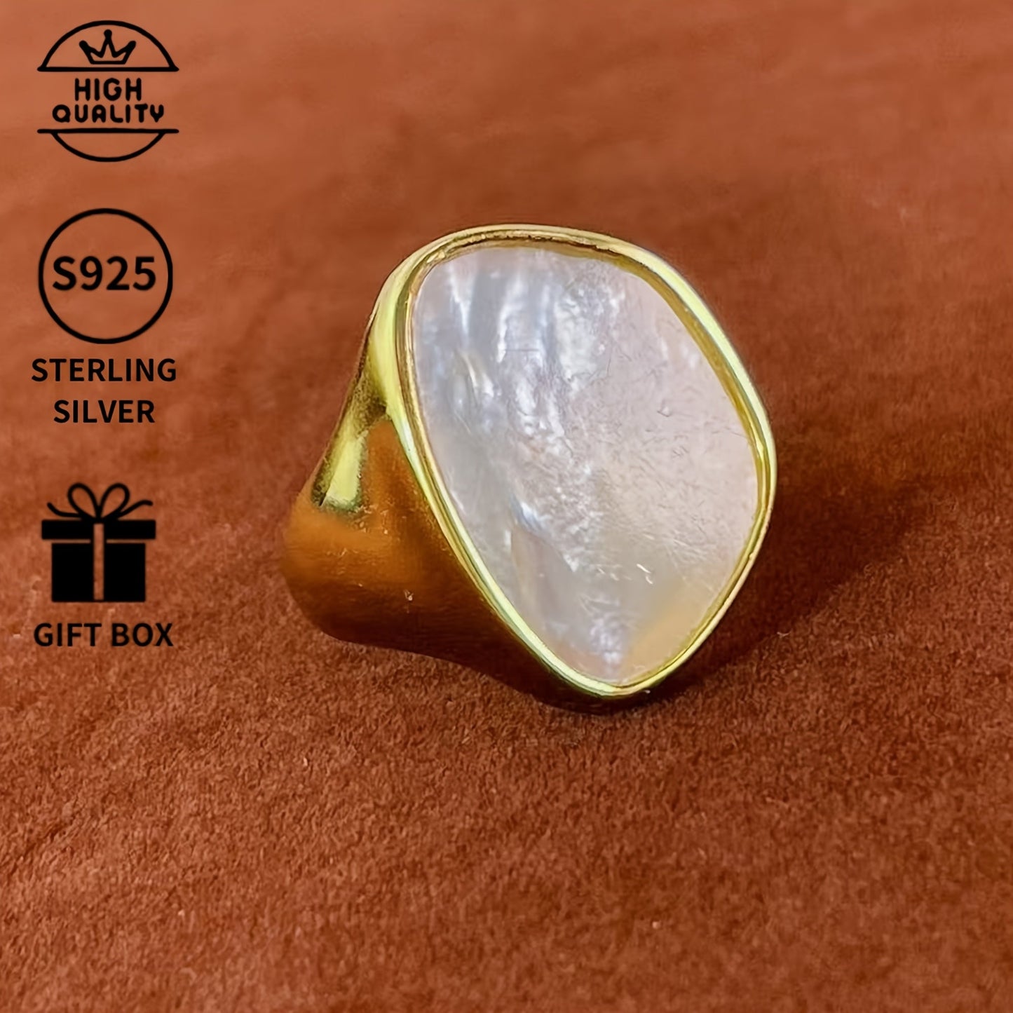 Handcrafted Luxury Hip Hop Style Ring with 925 Sterling Silver and 14K Gold Plated Shell Inlay - Perfect for Special Occasions and Celebrations like Christmas, Thanksgiving, Mother's Day, Valentine's, Proposals, Anniversaries, and Birthday Parties -