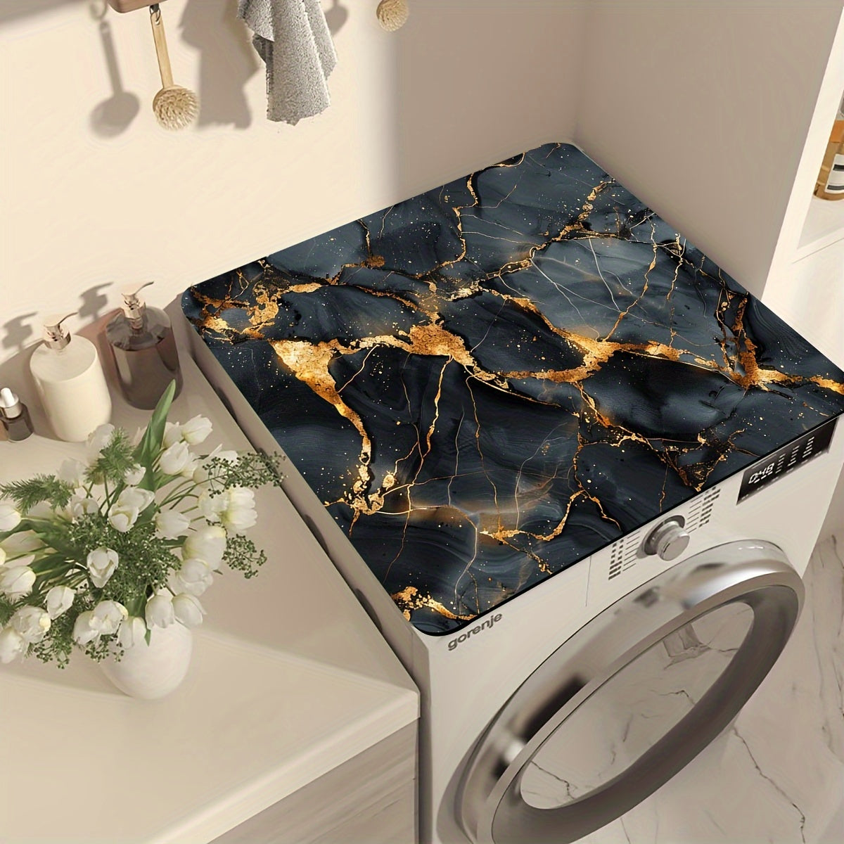 Rapid-Dry Absorbent Black & Gold Marble Washing Machine Cover Mat - Anti-Slip, Simple to Clean Protective Top Pad for Appliances, Ideal for Laundry Room Decoration.