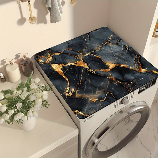 Rapid-Dry Absorbent Black & Gold Marble Washing Machine Cover Mat - Anti-Slip, Simple to Clean Protective Top Pad for Appliances, Ideal for Laundry Room Decoration.