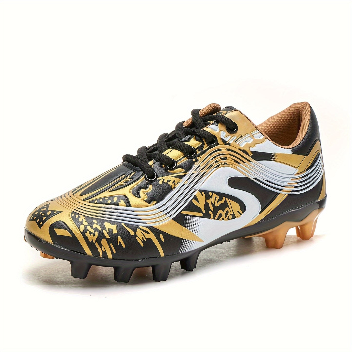 Youth soccer cleats with striped pattern, breathable synthetic upper, and rubber sole for all-season outdoor athletic activities.