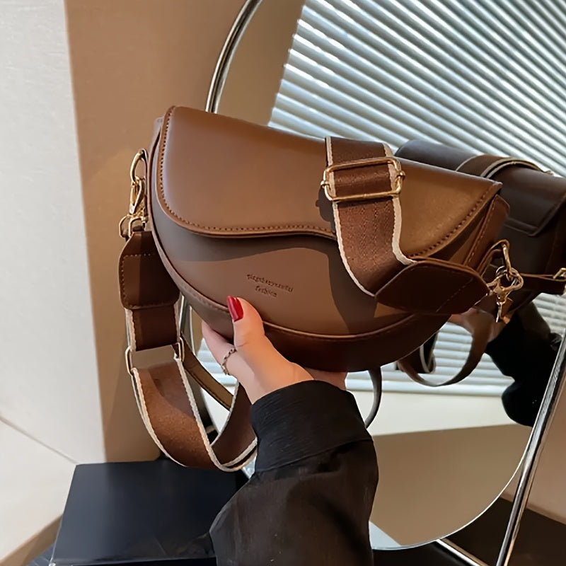 2024 Trendy Vintage Saddle Bag for Women, Crossbody Shoulder Underarm Bag with Polyester Lining, Buckle Closure, Edge Paint Detail; Versatile for Various Occasions - Black/Khaki/Light Brown.