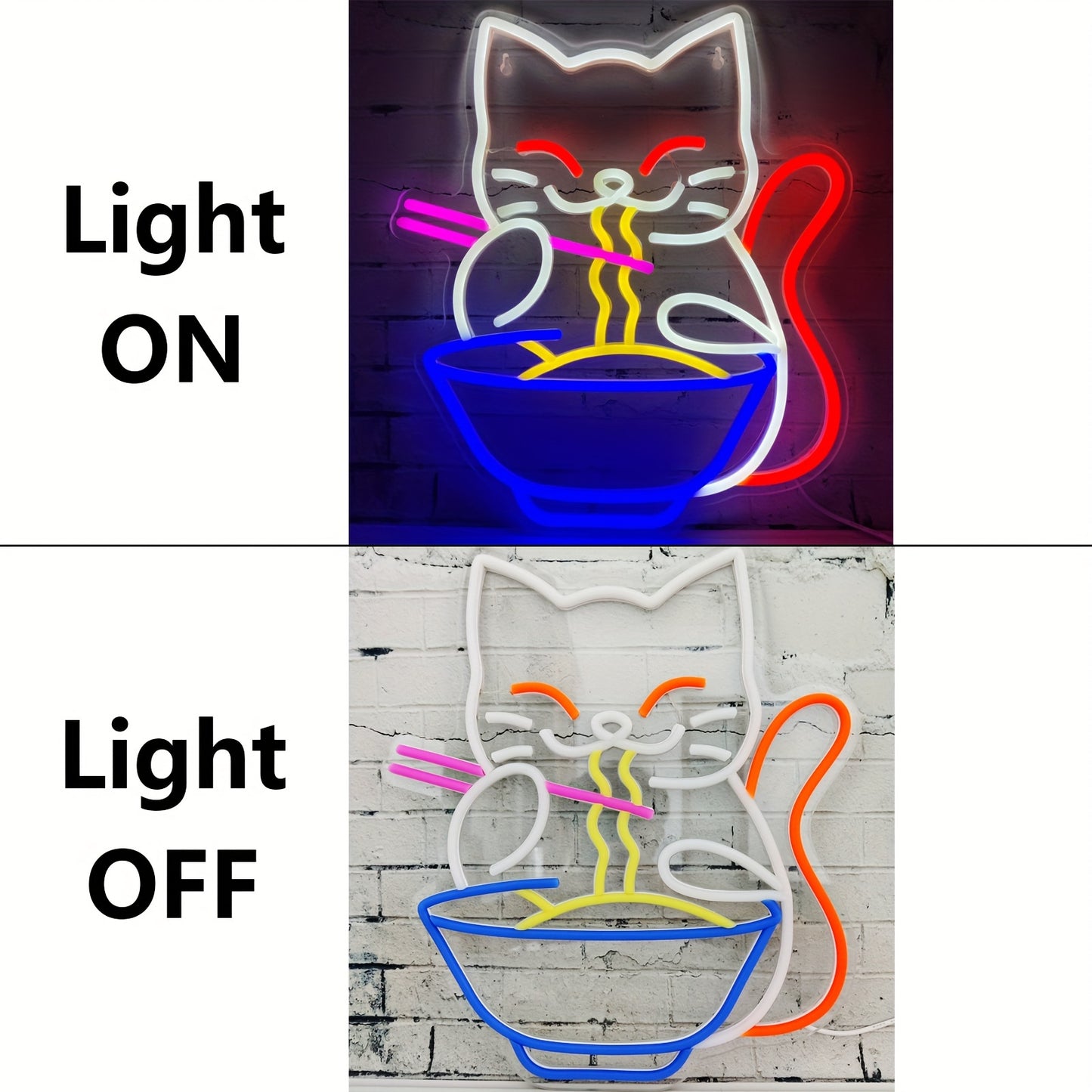 Japanese Lucky Cat Eating Ramen Neon Sign Light for Home Decoration, USB Powered.