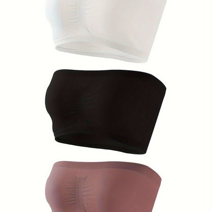 Three strapless bandeau bras, comfortable and soft stretch bras for women's lingerie and underwear.