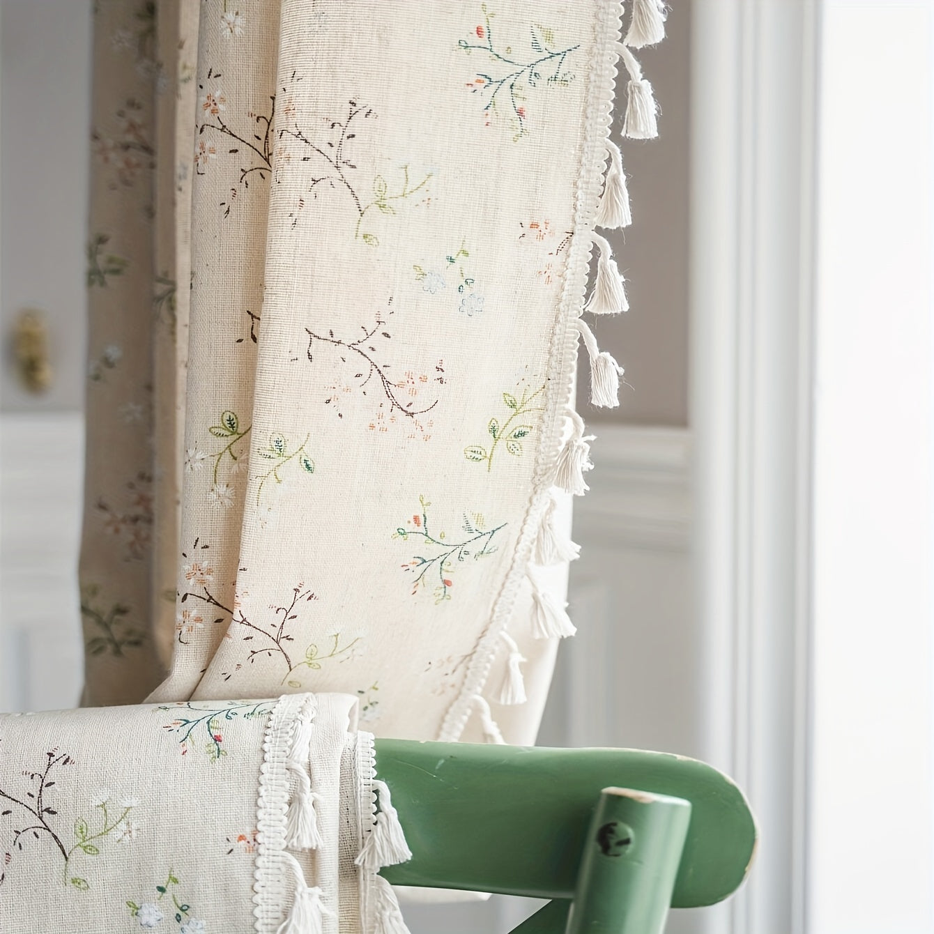 Bohemian floral milk-white and linen print curtain with semi-shading features, perfect for various spaces such as living room, bedroom, classroom, office, bay window, dining room, or kitchen. The curtain has a rod pocket design with beige fringe for