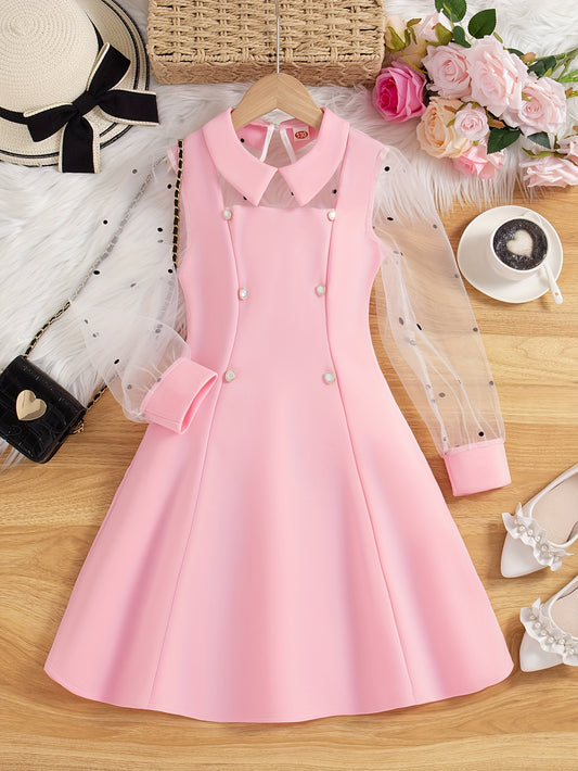 Teen's elegant mid-length dress with mesh overlay, long sleeves, solid color, made of 100% polyester with a non-stretch, regular fit. Perfect for summer fashion with fake buttons and a