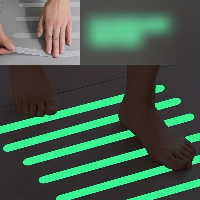 Six pieces of glow-in-the-dark waterproof and non-slip stickers with self-adhesive backing. These strips are perfect for ground steps and stairs, as well as bathroom bathtubs. They provide fluorescent anti-slip protection for added safety.