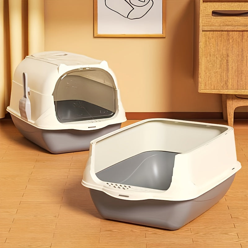 Enclosed large cat litter pan with scoop, liner, and odor resistant materials. Easy-to-clean and fully enclosed cat litter box. Dimensions: 36*50*34cm.