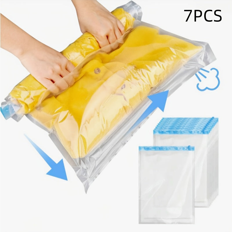 Pack of 7 Compression Bags - Save Space without the Need for a Vacuum or Pump! Easy-to-use Hand Roll Storage Bags for Travel Enthusiasts. Ideal for storing both dry and wet items compactly. Travel with ease and confidence!