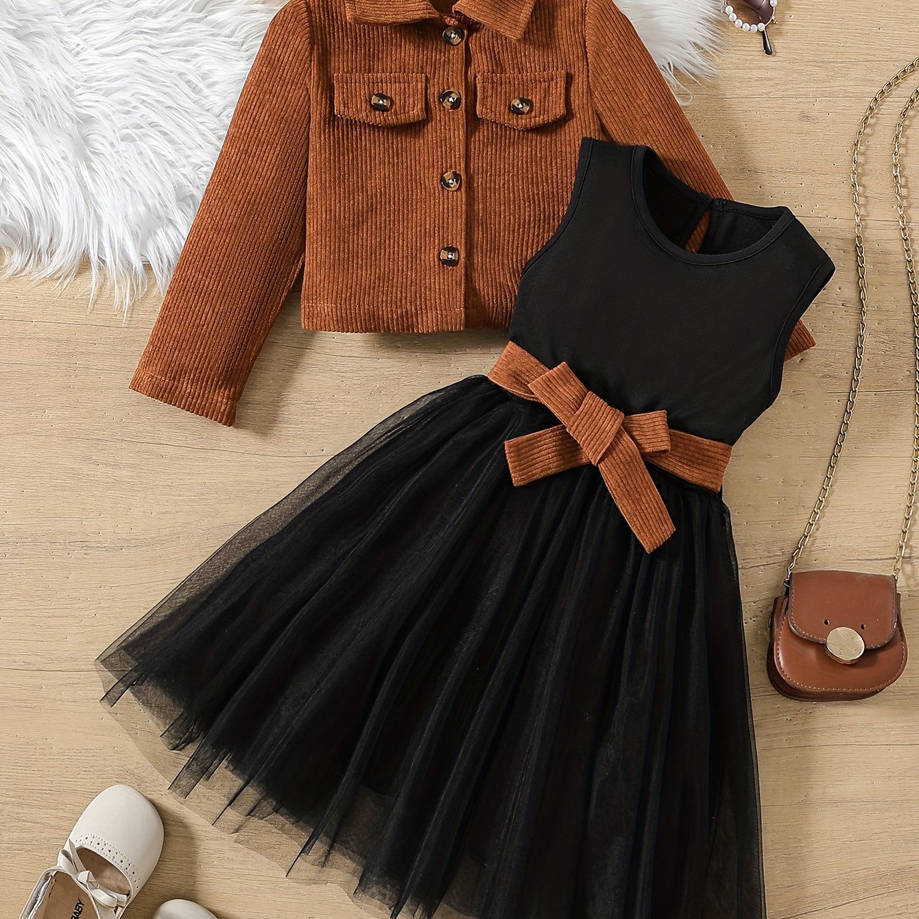 Elegant girls' spring/fall outfit with sleeveless tulle skirt and collared jacket. Perfect for daily wear or special occasions. Made of 100% polyester for outdoor use.