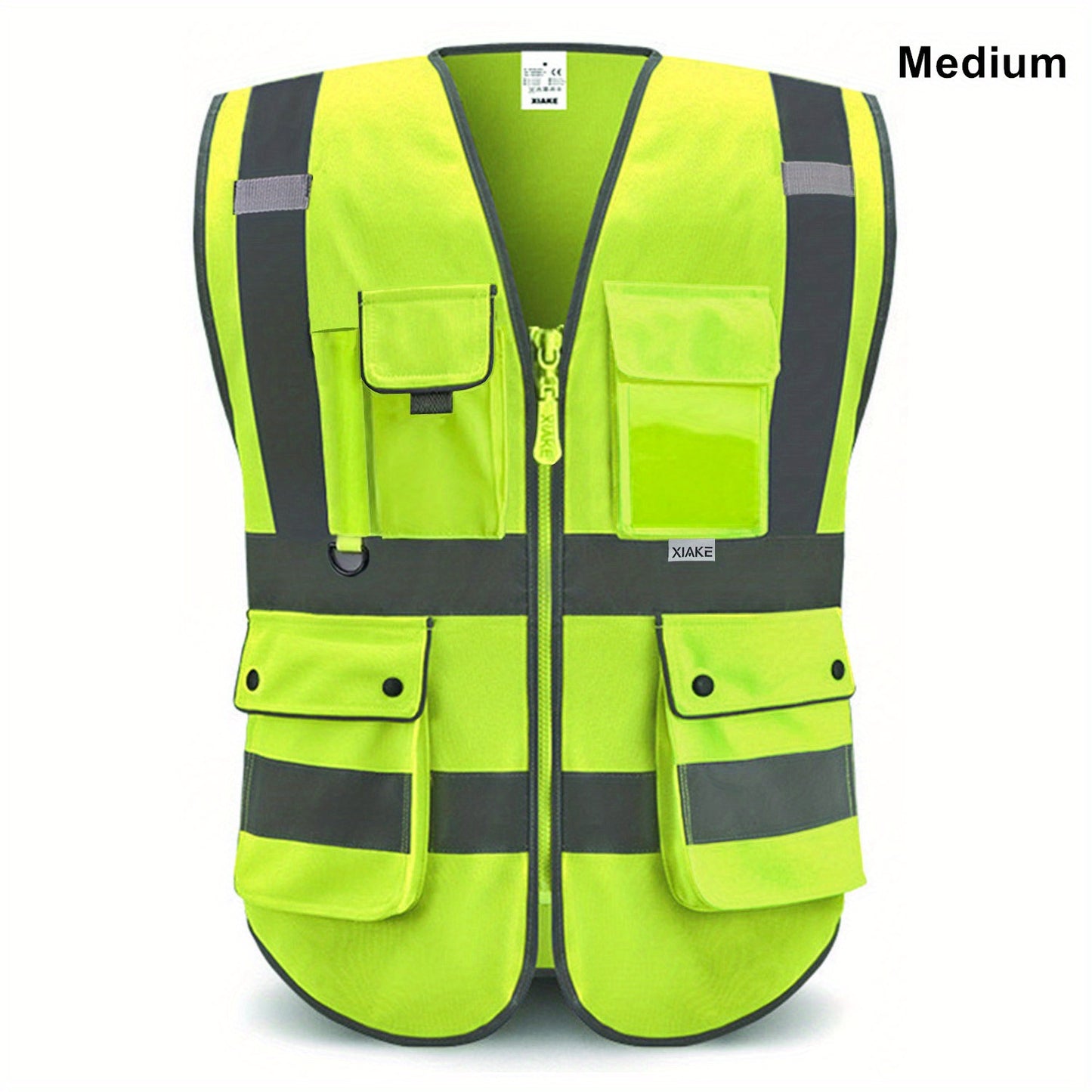 Stay safe and visible in ANSI/ISEA certified reflective safety vest with 8 pockets and zipper.