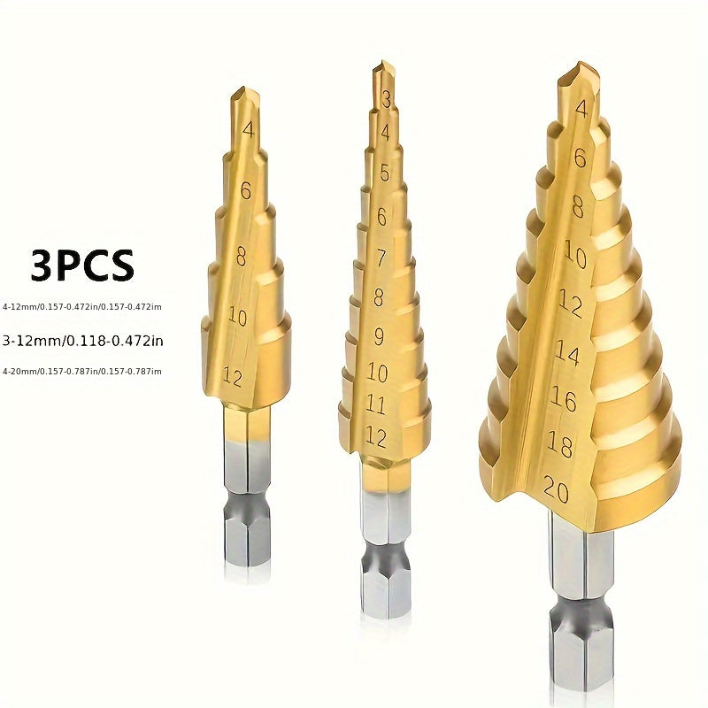 3pc Titanium-Coated HSS Step Drill Bit Set - High Precision, Multi-Size for Wood & Metal, Durable & Versatile