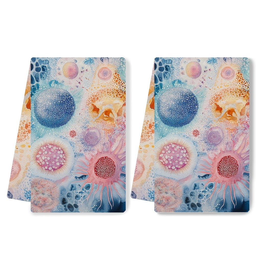 Two ultra soft kitchen towels featuring a design of eukaryotic vs prokaryotic cells. These highly absorbent and machine washable dish hand towels showcase a vibrant marine life theme. Measuring 40.64x60.96 cm, they are the perfect addition to your