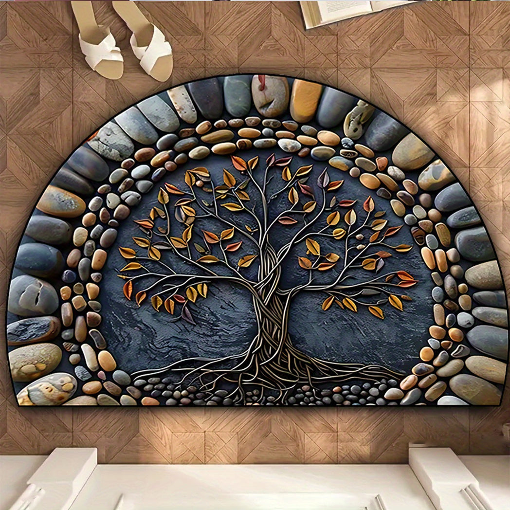 A durable and stylish Tree of Life Pebble Pattern Welcome mat with a washable design and silicone backing, suitable for use in various areas such as porches, living rooms, bedrooms, offices, and outdoor spaces. Enhance your home decor with this versatile