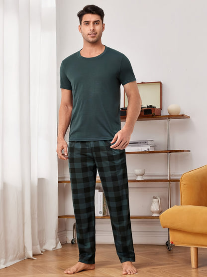 2 Piece Men's Dark Green Pajama Set with Round Neck Short Sleeve Shirt and Plaid Trousers for Cozy Loungewear