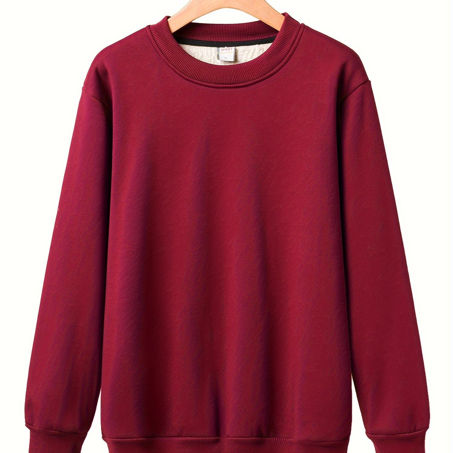 Thick fleece men's sweatshirt in loose fit, solid color, large size for warmth in autumn and winter.