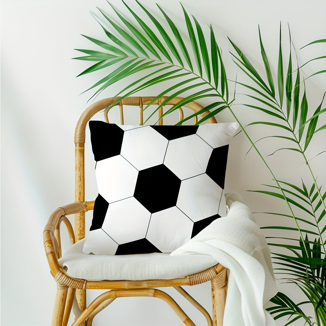 Soccer ball print pillow cover, soft polyester, 45x45cm, black & white hexagonal design, zipper closure, machine washable. Perfect for sofa, bedroom, and living room décor. Ideal for couch pillows.