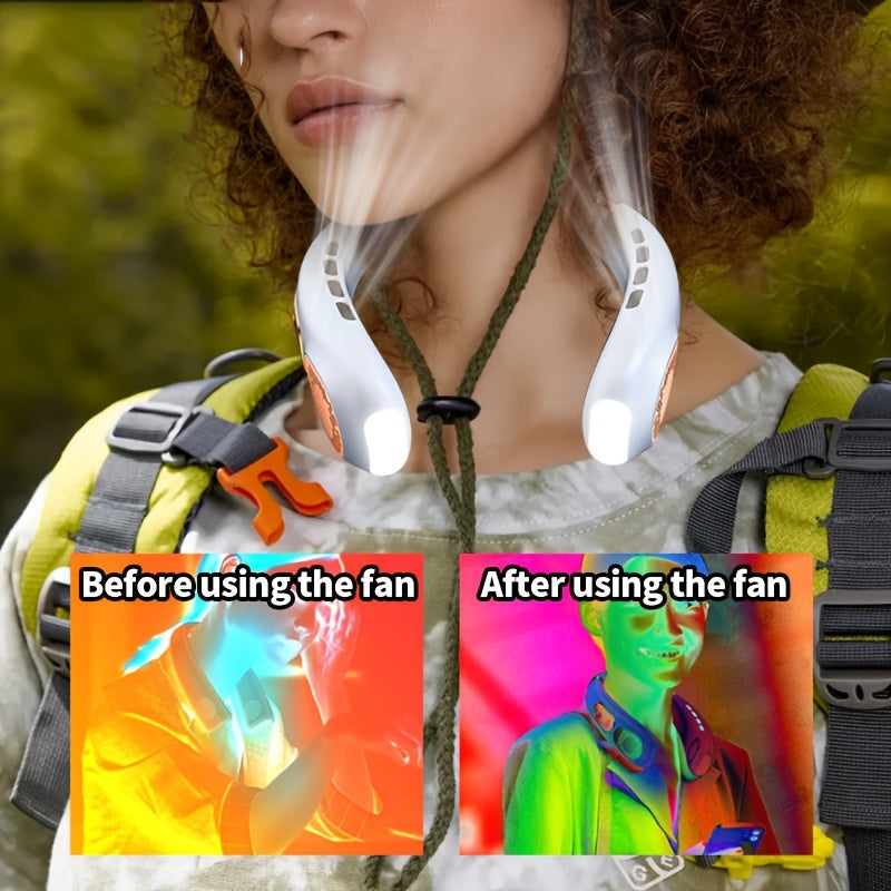 Stay cool this summer with the JKUOO Portable Neck Fan! This innovative fan features 7-color LED lights, dual turbo air outlets, and 5-speed adjustable settings for a customized cooling experience. With a long battery life and USB rechargeable design