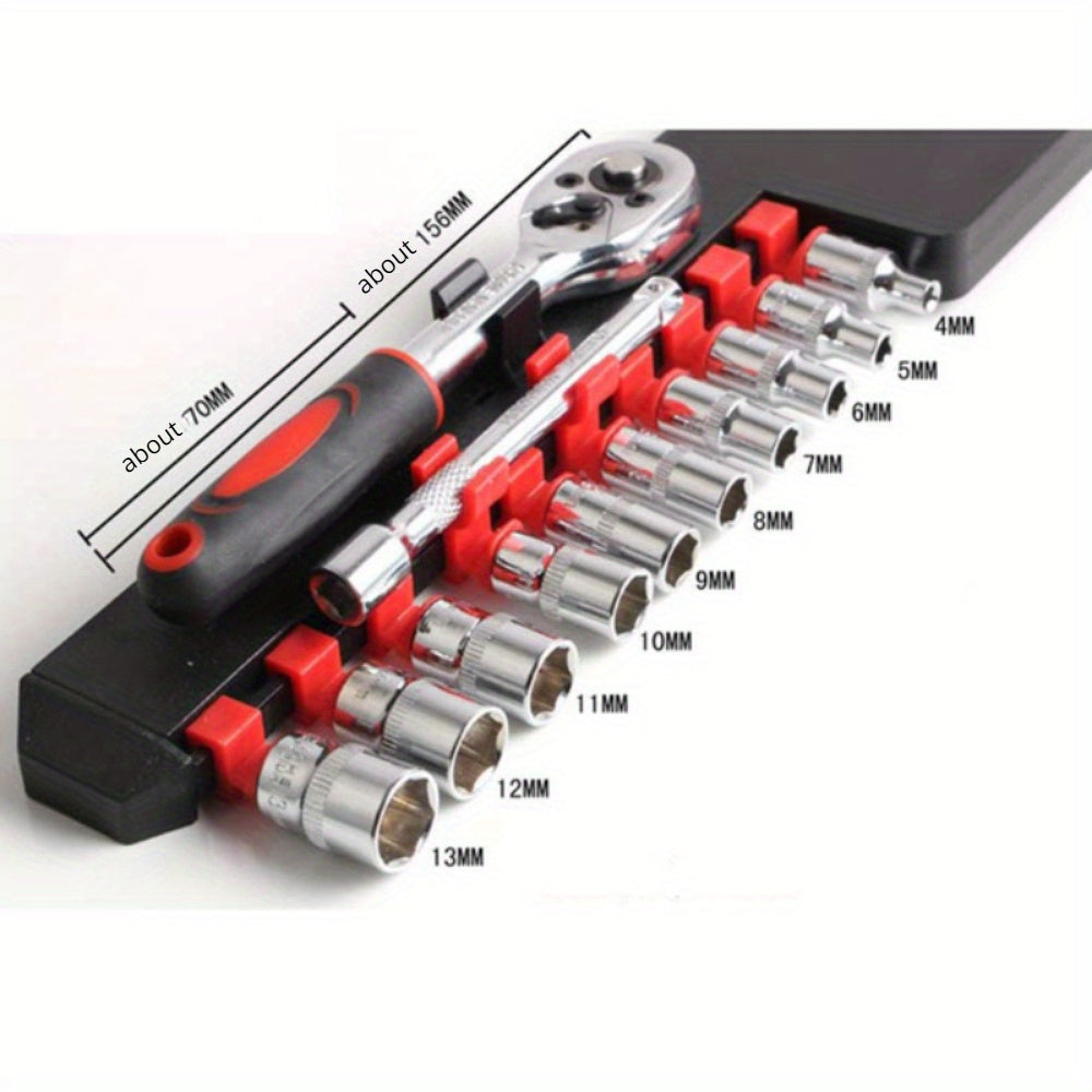 12-piece socket wrench set for bike repairs, with extension bars and ratchet handle for various vehicle maintenance.