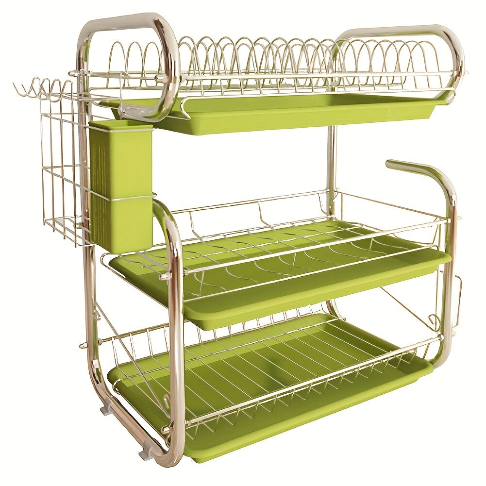 1pc 3 Tier Dish Rack with Cutlery Cup Plates Holder, Sink Draining Rack Tray, and Cutting Board Holder. Measures 50*25*45CM.