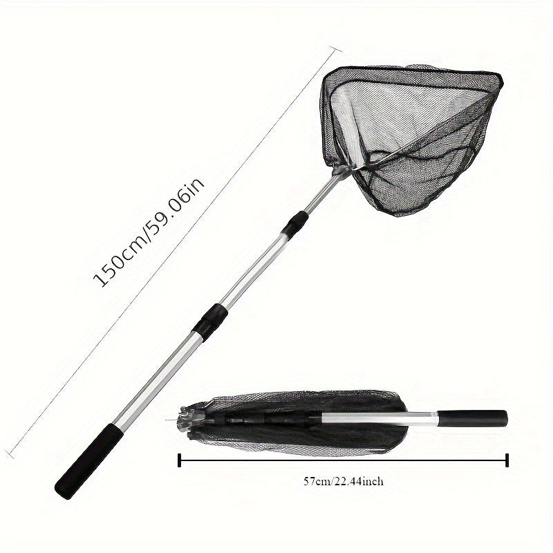 Portable collapsible fishing net with telescopic handle, essential for freshwater and saltwater fishing.