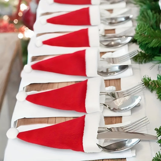 10-piece set featuring velvet mini Santa hat silverware holders and wine bottle decor, knit fabric polyester table linens in festive solid colors for Christmas dining table decoration. Perfect for parties and gifts.