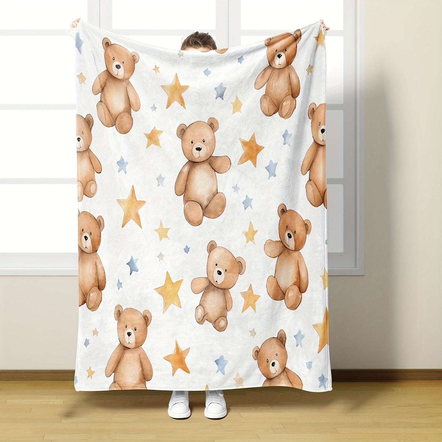 One piece of Cozy Cartoon Bear Printed Flannel Fleece Throw Blanket - Soft and Gentle on the Skin, Suitable for All Seasons and Various Uses- Makes a Perfect Gift, Ideal for Office Use and Outdoor Napping - Features a Traditional Design with High-Quality