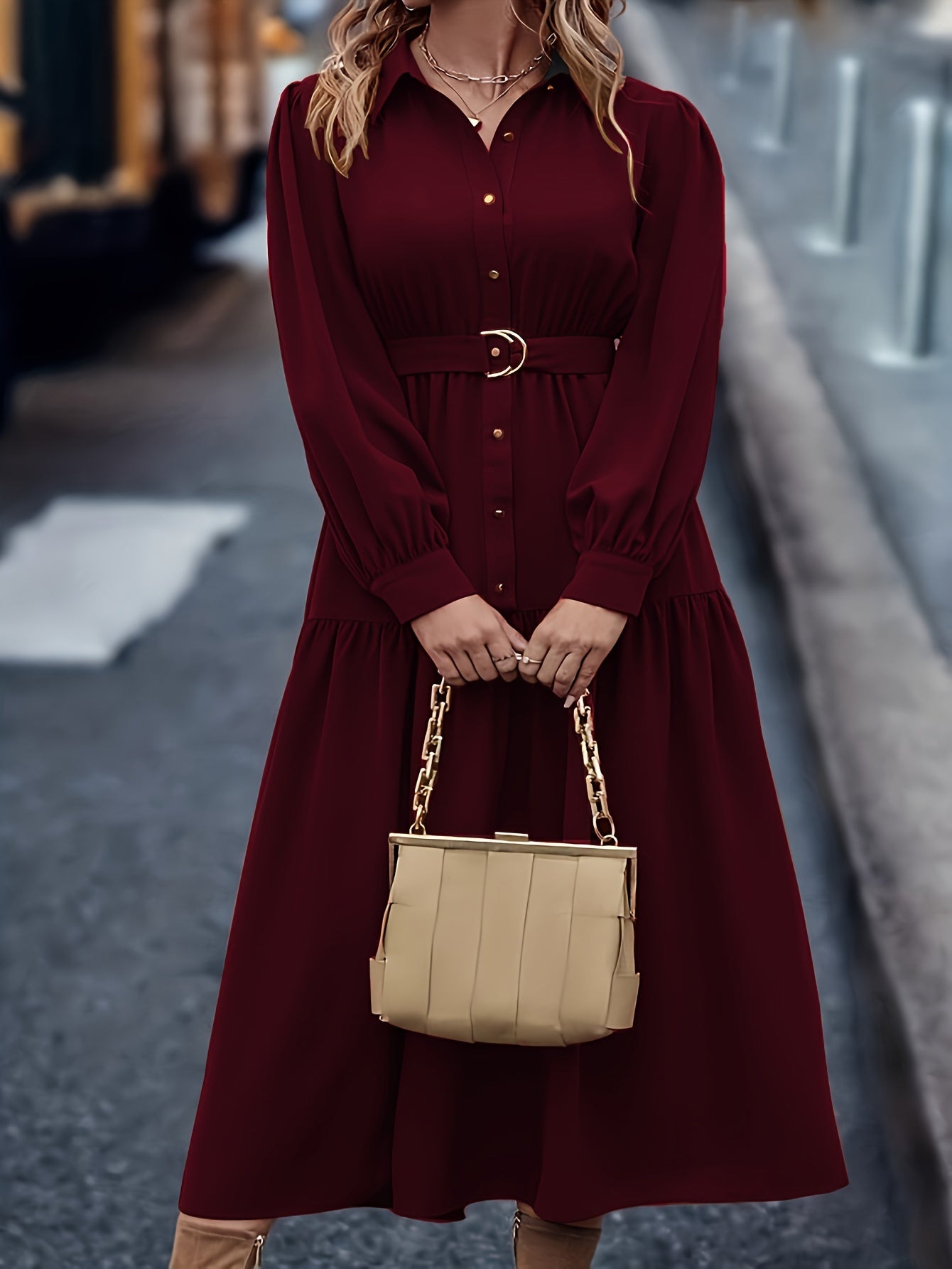 Middle-Eastern style polyester shirt dress with lantern sleeves, ruffled hem, and button details - A-line woven midi dress suitable for spring/fall.