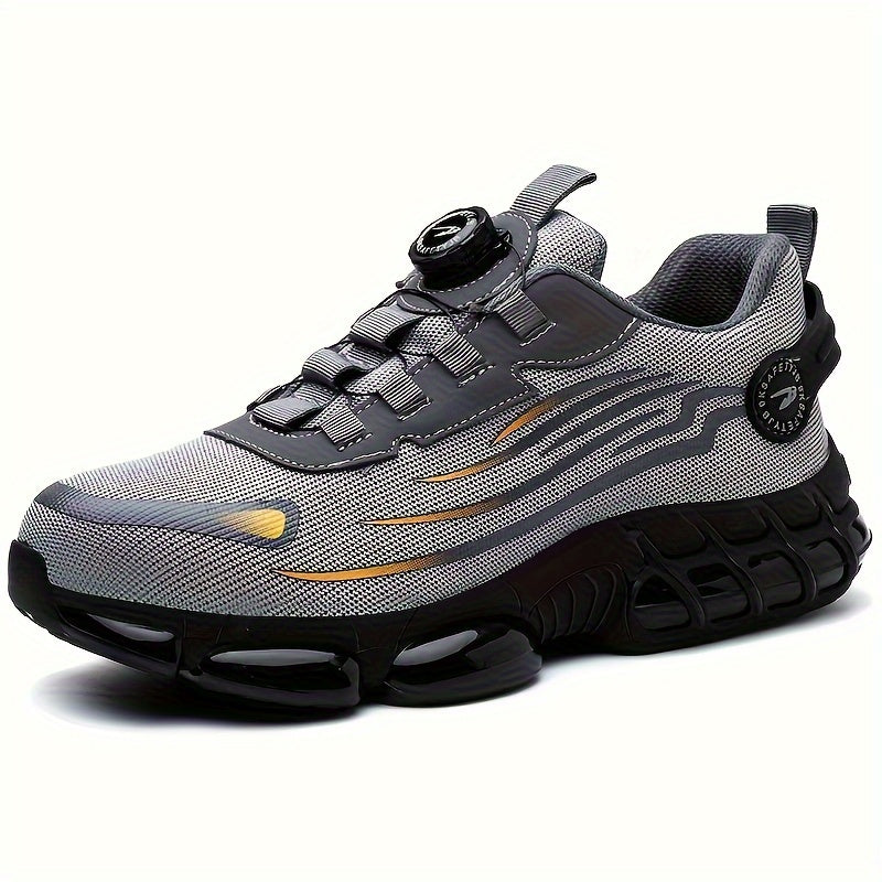 Breathable mid-top safety shoes with lace closure, steel toe cap, rubber sole, and fabric insole. Comfortable and protective work footwear.