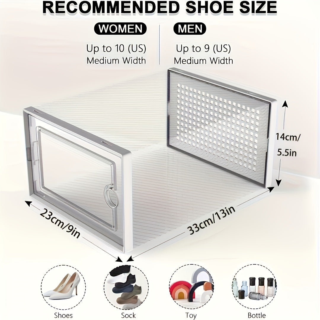 12/6 pieces of black transparent XL plastic shoe storage boxes with lids. These square shoe organizer cabinets are waterproof, multi-purpose, and have a flip-top lid design. Perfect for home and kitchen storage drawers.